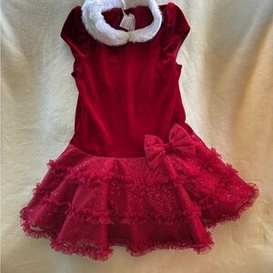 Red Velvet Dress with Bow and Fur Collar